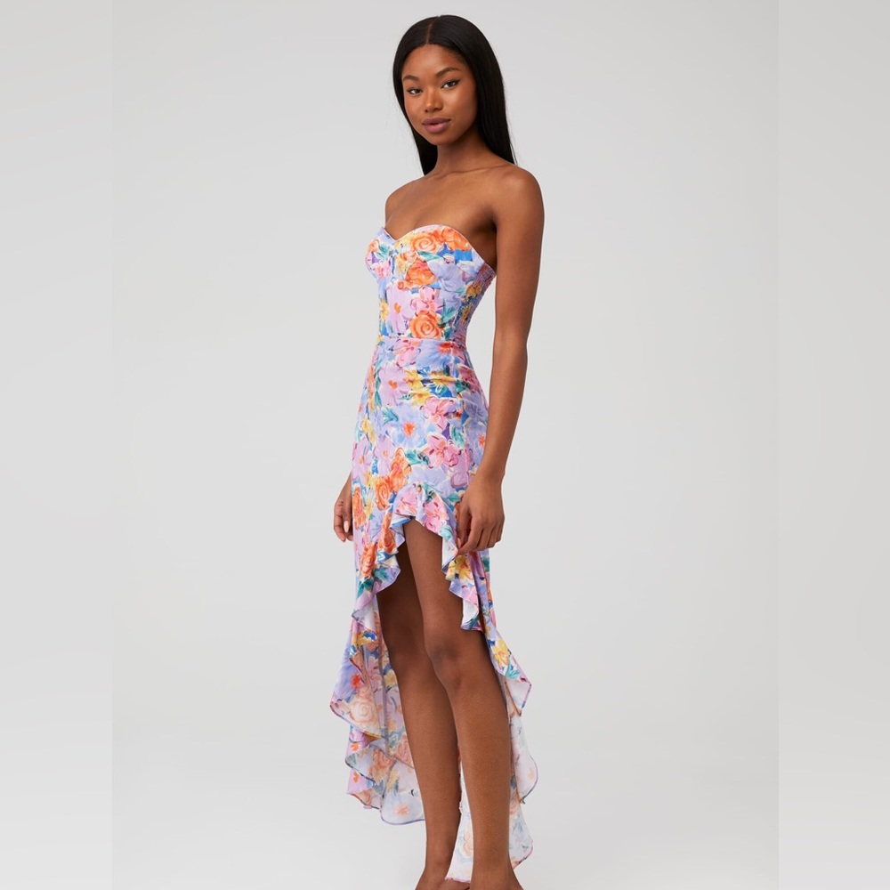 Amanda Uprichard Strapless Floral High-Low Dress in Pastel Blue, Pink & Orange